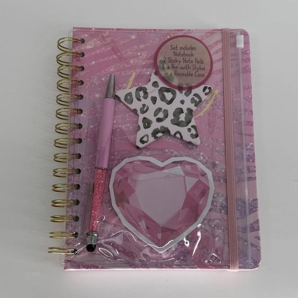 Pink Glitter Spiral Notebook Set with Pen Stylus and Sticky Notes Reusable Case